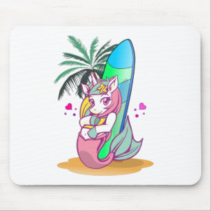 Unicorn with surfboard on the beach mouse pad