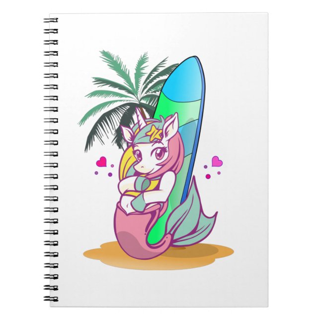 Unicorn with surfboard on the beach notebook (Front)