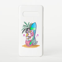 Unicorn with surfboard on the beach