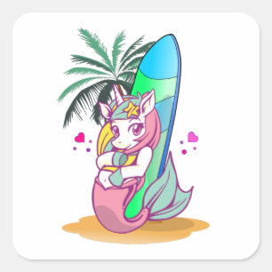 Unicorn with surfboard on the beach square sticker