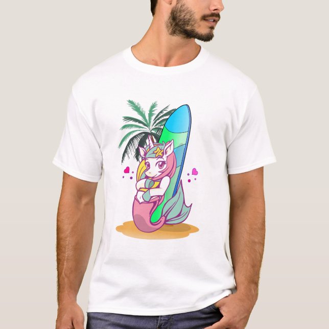 Unicorn with surfboard on the beach T-Shirt (Front)