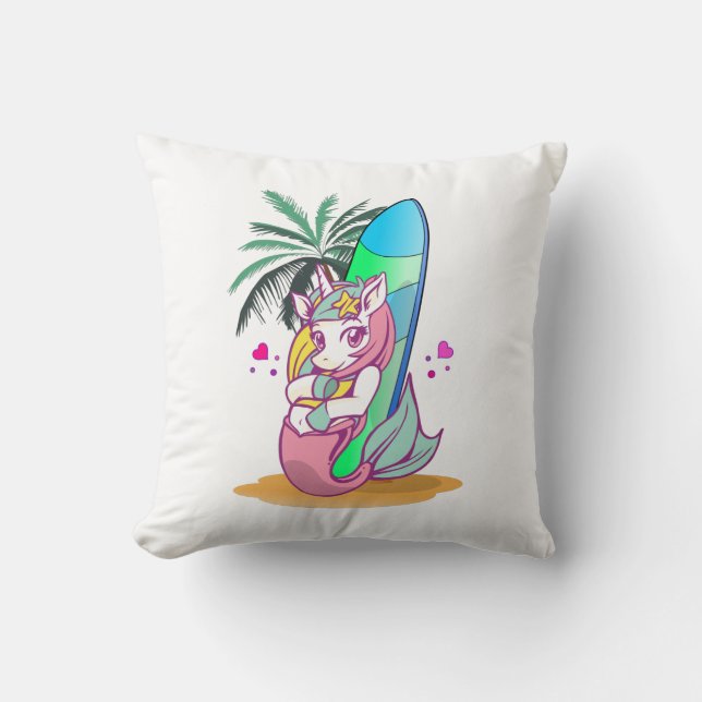 Unicorn with surfboard on the beach throw pillow (Front)