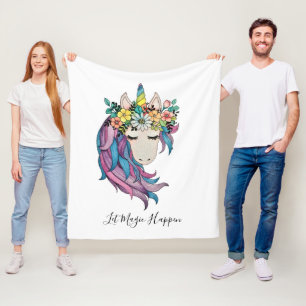 Unicorn With Wildflowers In Watercolor Fleece Blanket