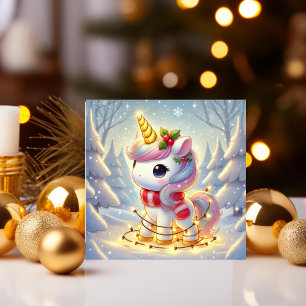 Unicorn Wrapped in Golden Christmas Lights Holiday Card