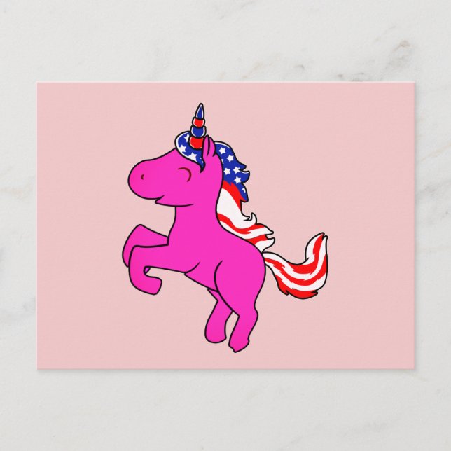 Unicorn Yarrow Pink Patriotic USA Flag Mane Art Postcard (Front)