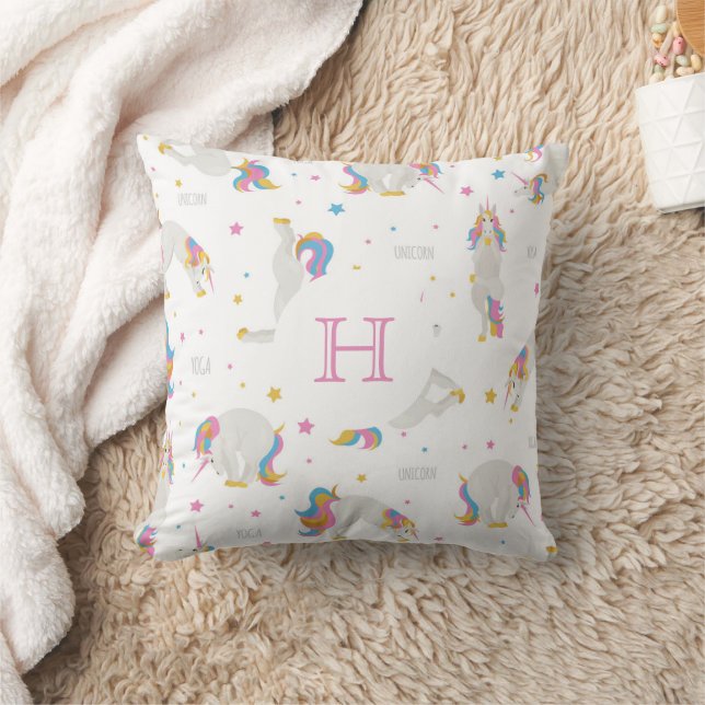Unicorn yoga cute fun white whimsical monogram throw pillow (Blanket)
