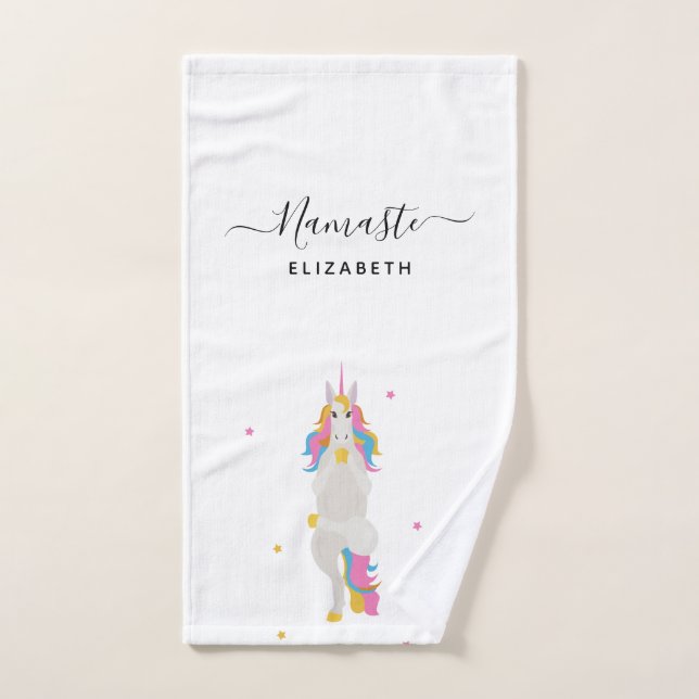 Unicorn yoga poses cute fun white Namaste name Bath Towel Set (Hand Towel)