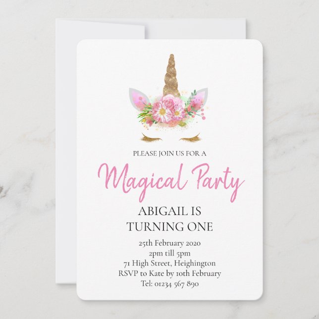 unicorne 1er anniversaire invitation (Devant)