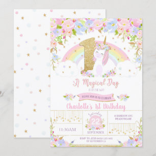 Unicorne 1er anniversaire Invitation Floral Arc-en