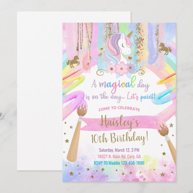 Unicorne art, peinture, invitation d'anniversaire  (Devant / Derrière)