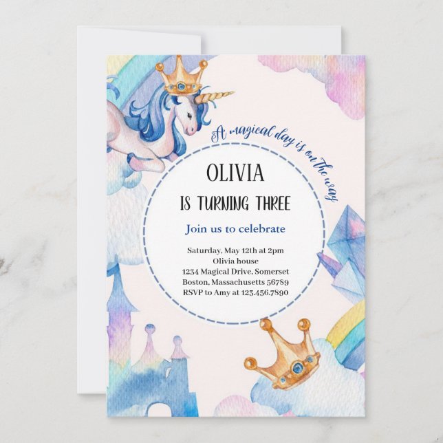 unicorne bleu pastel invitation d'anniversaire (Devant)