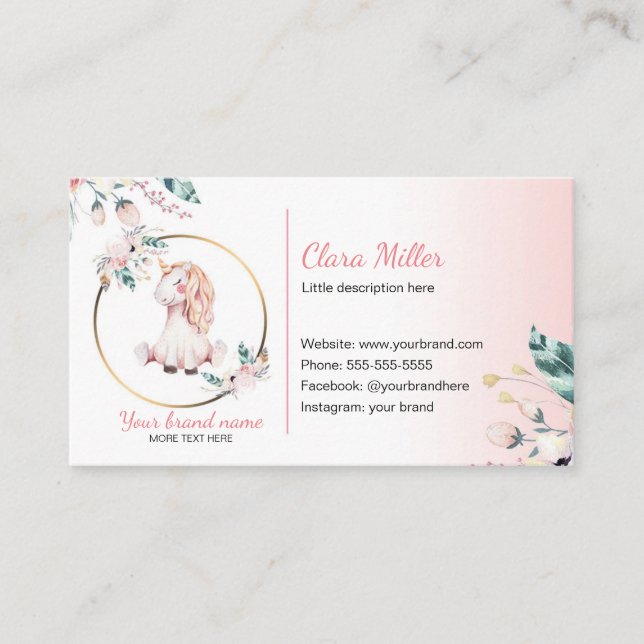 Unicorne boho carte de visite aquarelle rose turqu (Devant)