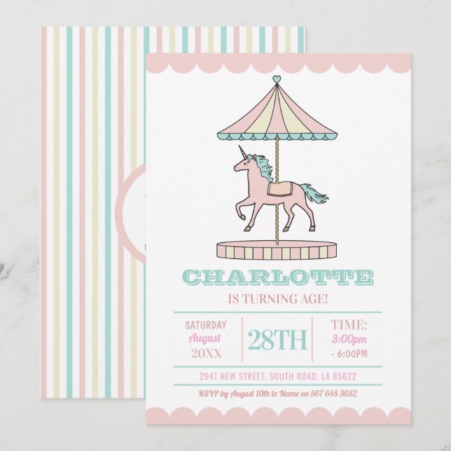 Unicorne Carousel Invitation Anniversaire Monnaie  (Devant / Derrière)