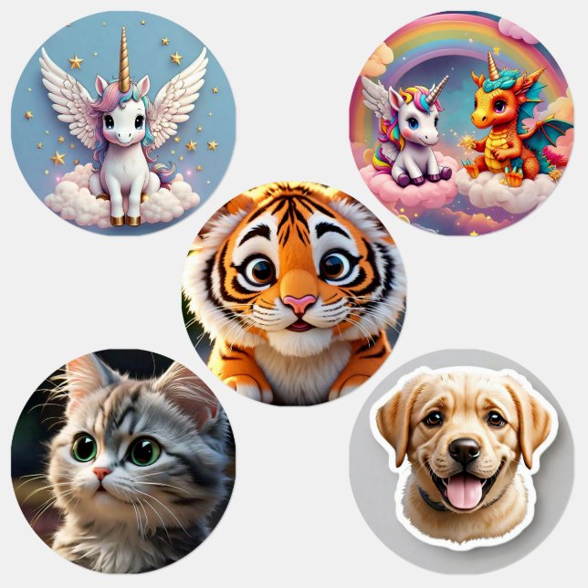 Unicorne, chat, Chien, Étiquette étanche en petit  (Groupe)