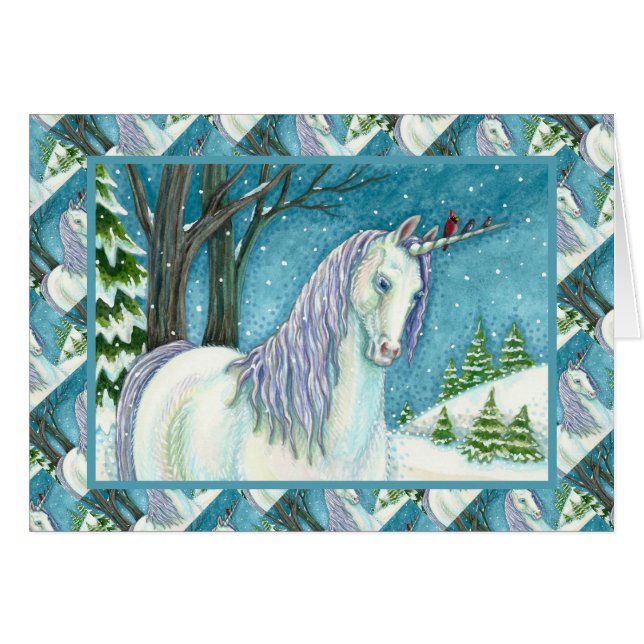 UNICORNE D'HIVER ET OISEAUX, CARTE DE NOIX PAISIBL (Devant Horizontal)