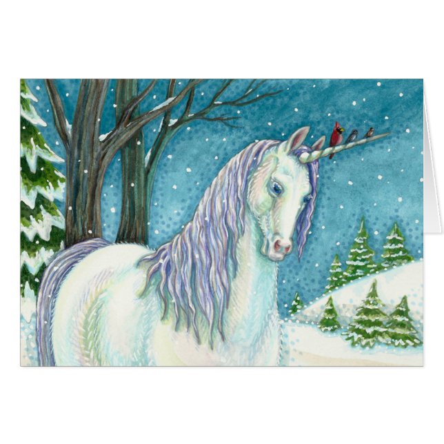 UNICORNE D'HIVER ET OISEAUX, PAYSAGE DE NEIGE PAIS (Devant Horizontal)