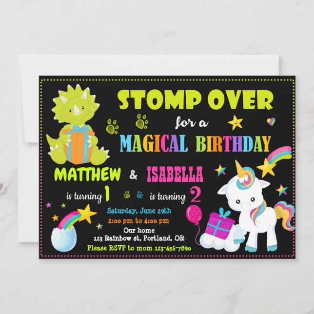 Unicorne et Dinosaur invitation anniversaire Twins (Devant)