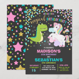 Unicorne Et Dinosaure Anniversaire Invitation Frèr