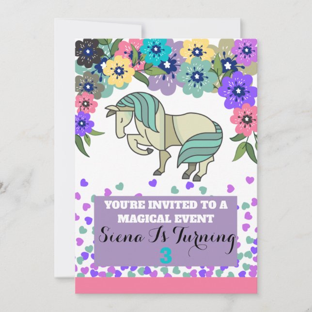 Unicorne et fleurs invitation anniversaire fille (Devant)