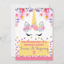 Unicorne et fleurs invitation anniversaire fille