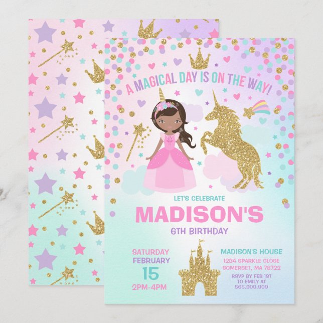 Unicorne Et Princesse Invitation Magique Anniversa (Devant / Derrière)