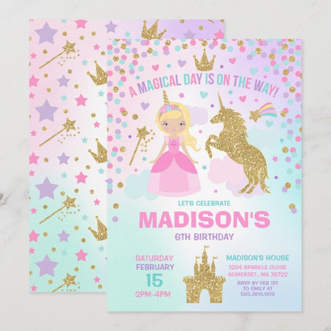 Unicorne Et Princesse Invitation Magique Anniversa (Devant / Derrière)