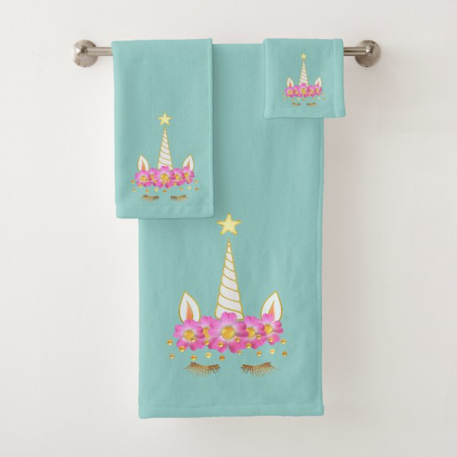 Unicorne, Fleurs & Gold Confetti sur Turquoise (En situation)