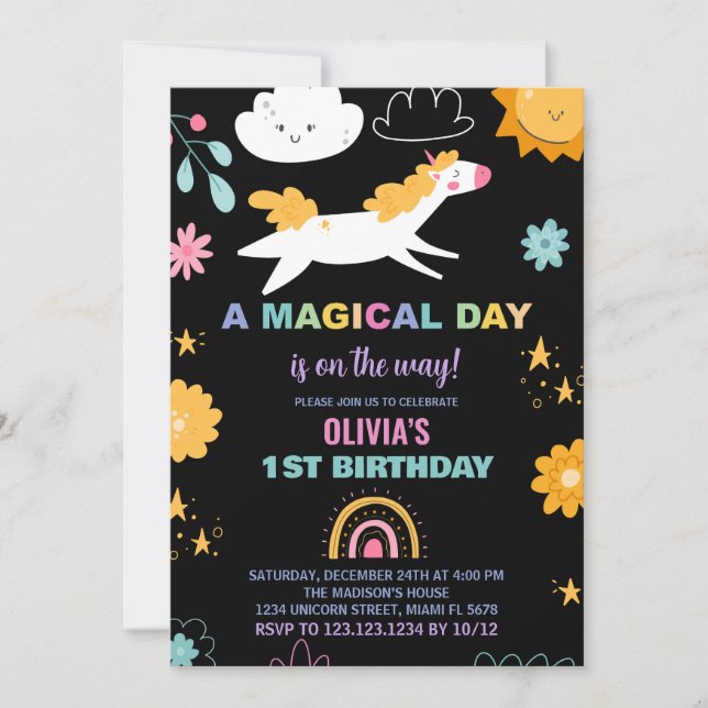 Unicorne florale Invitations d'anniversaire (Devant)