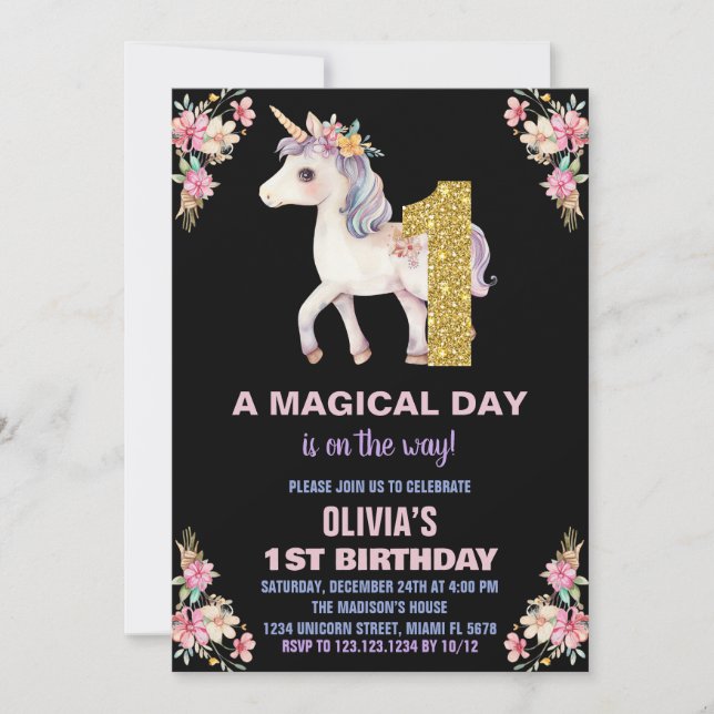 Unicorne florale Invitations d'anniversaire (Devant)