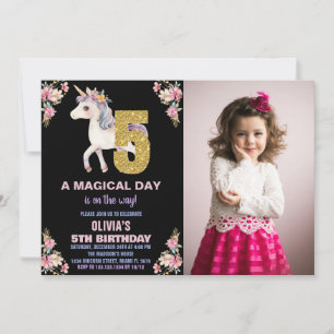 Unicorne florale Invitations d'anniversaire avec p