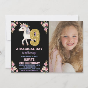 Unicorne florale Invitations d'anniversaire avec p