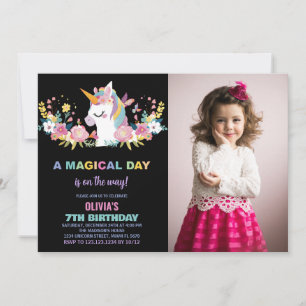 Unicorne florale Invitations d'anniversaire avec p