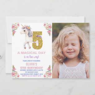 Unicorne florale Invitations d'anniversaire avec p