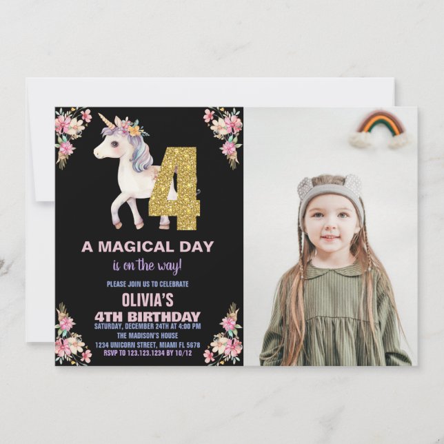 Unicorne florale Invitations d'anniversaire avec p (Devant)