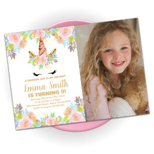 Unicorne florale Invitations d'anniversaire avec p