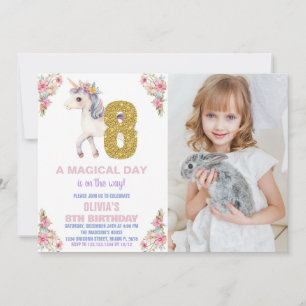 Unicorne florale Invitations d'anniversaire avec p