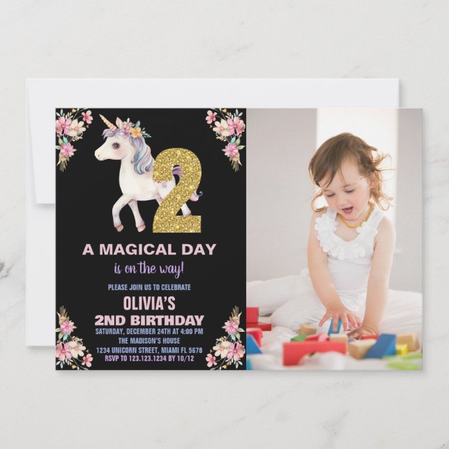 Unicorne florale Invitations d'anniversaire avec p (Devant)