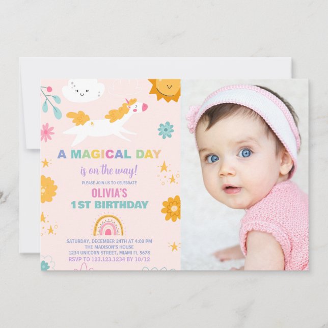 Unicorne florale Invitations d'anniversaire avec p (Devant)