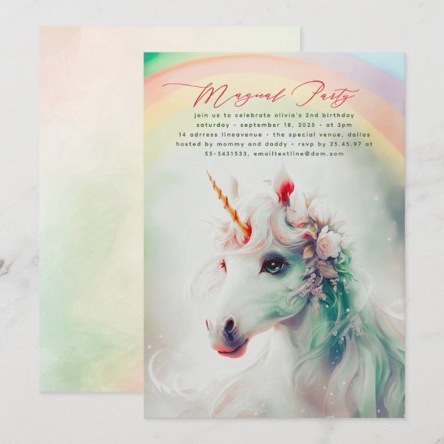 Unicorne florale verte et rose Invitations d'anniv (Devant / Derrière)