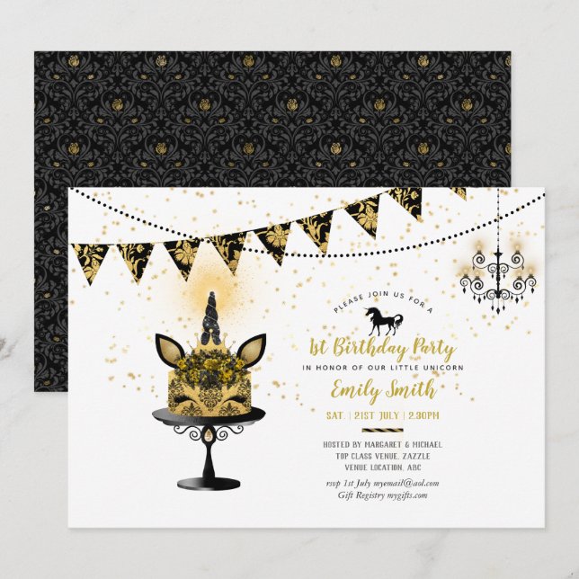 Unicorne gothique 1er anniversaire Invitations Bla (Devant / Derrière)