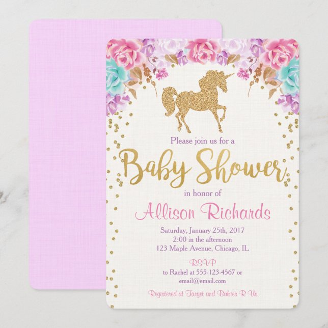 Unicorne invitation baby shower rose et or (Devant / Derrière)
