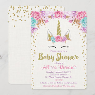 Unicorne invitation baby shower rose et or