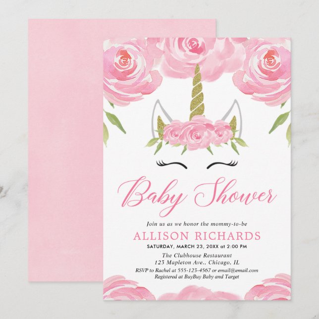 Unicorne invitation de douche pour bébé fille (Devant / Derrière)