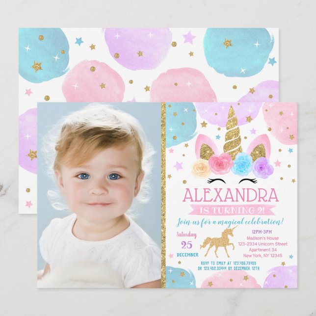 Unicorne Invitations de fête d'anniversaire avec p (Devant / Derrière)