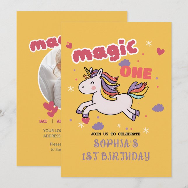 Unicorne magique 1er anniversaire Invitation (Devant / Derrière)