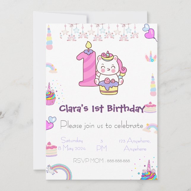 Unicorne magique 1er Invitation d'anniversaire (Devant)