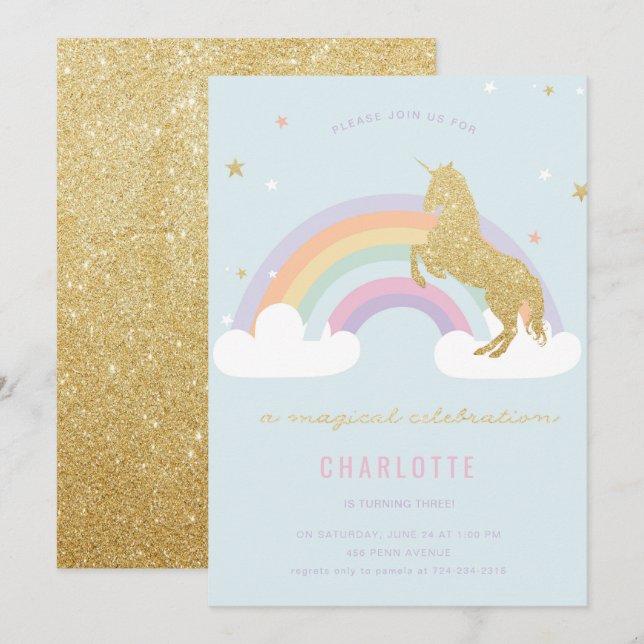 UNICORNE MAGIQUE ANNIVERSAIRE INVITATION (Devant / Derrière)