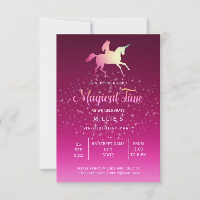 Unicorne magique| Invitation à la fête d'anniversa (Devant)