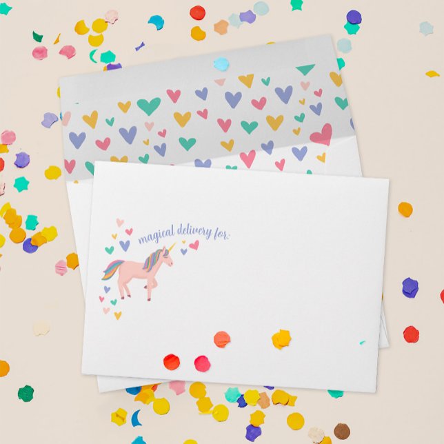 Unicorne magique rose avec enveloppe de Coeurs arc (blush pink unicorn matching party envelope with pastel hearts and magical delivery for party guests)