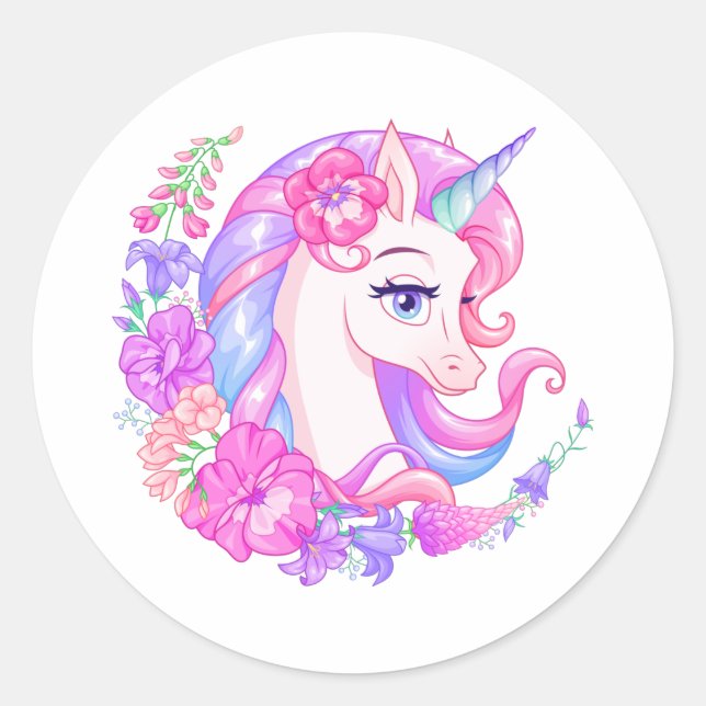 Unicorne mignonne avec Sticker rond classique Fleu (Devant)